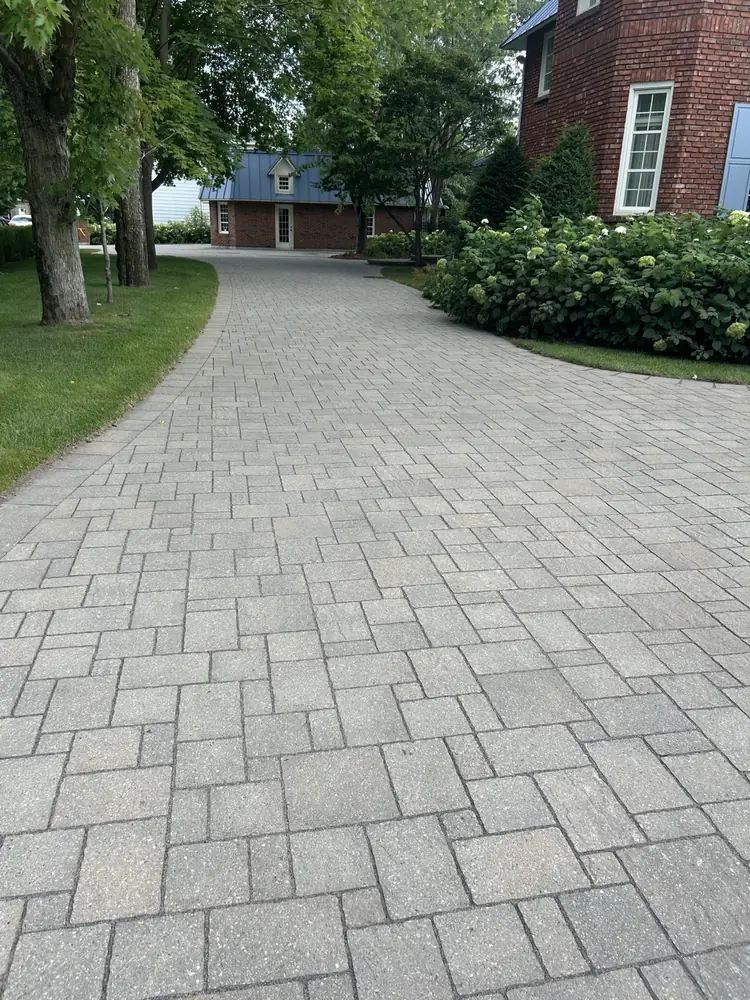 Longue allée en pavé-uni bordée d'arbres et d'hydrangées à Joliette